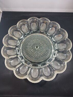 Vintage LE Smith Clear Cut Glass Round 11" Deviled Egg Plate